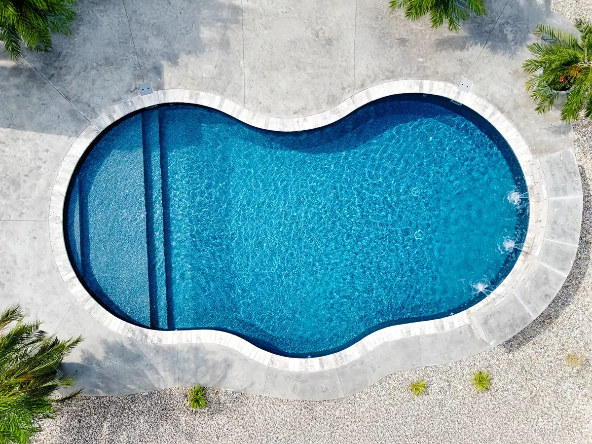 Top-down aerial view of a freeform gunite pool with entry steps and light-colored concrete decking in Glen Carbon IL.