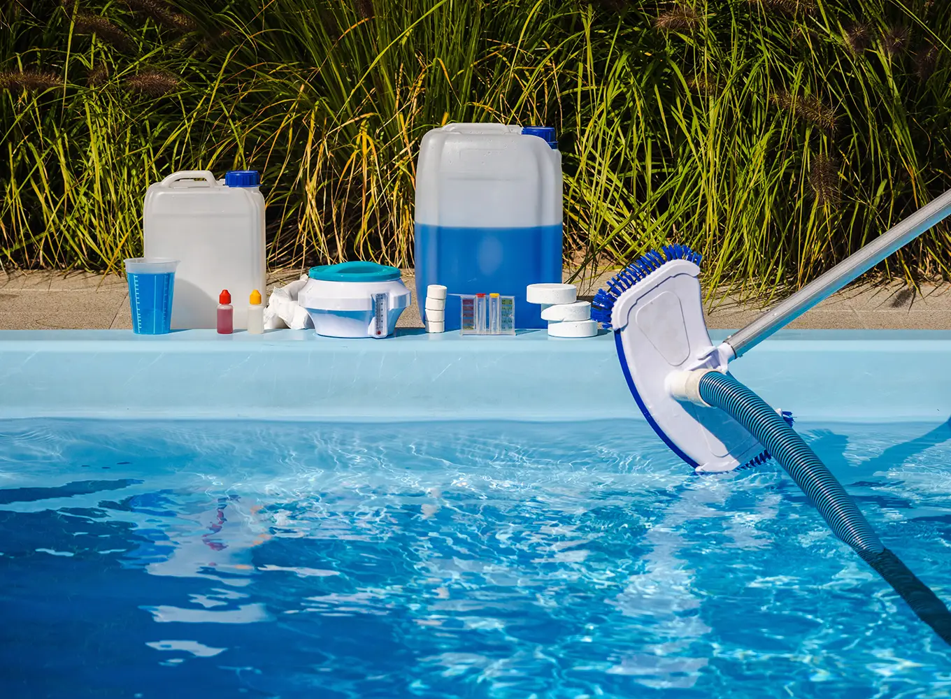 Pool maintenance tools and water testing supplies displayed at the edge of a Troy IL residential swimming pool.